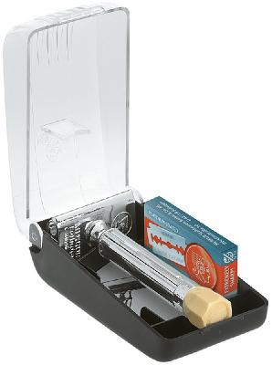 Станок Тобразный для бритья MERKUR 570, глянцевое хромированное покрытие, прямой срез, закрытый гребень, короткая ручка, лезвия в комплекте (10 шт)