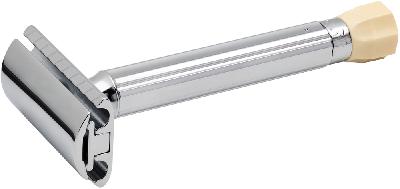 Станок Тобразный для бритья MERKUR 510C, глянцевое хромированное покрытие, прямой срез, закрытый гребень, длинная ручка, лезвие в комплекте (1 шт)