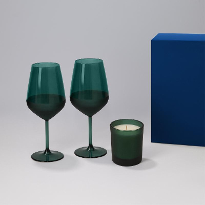 Подарочный набор свеча Энигма (Enigma) + 2 бокала для вина Эмеральд (Emerald) в синей коробке